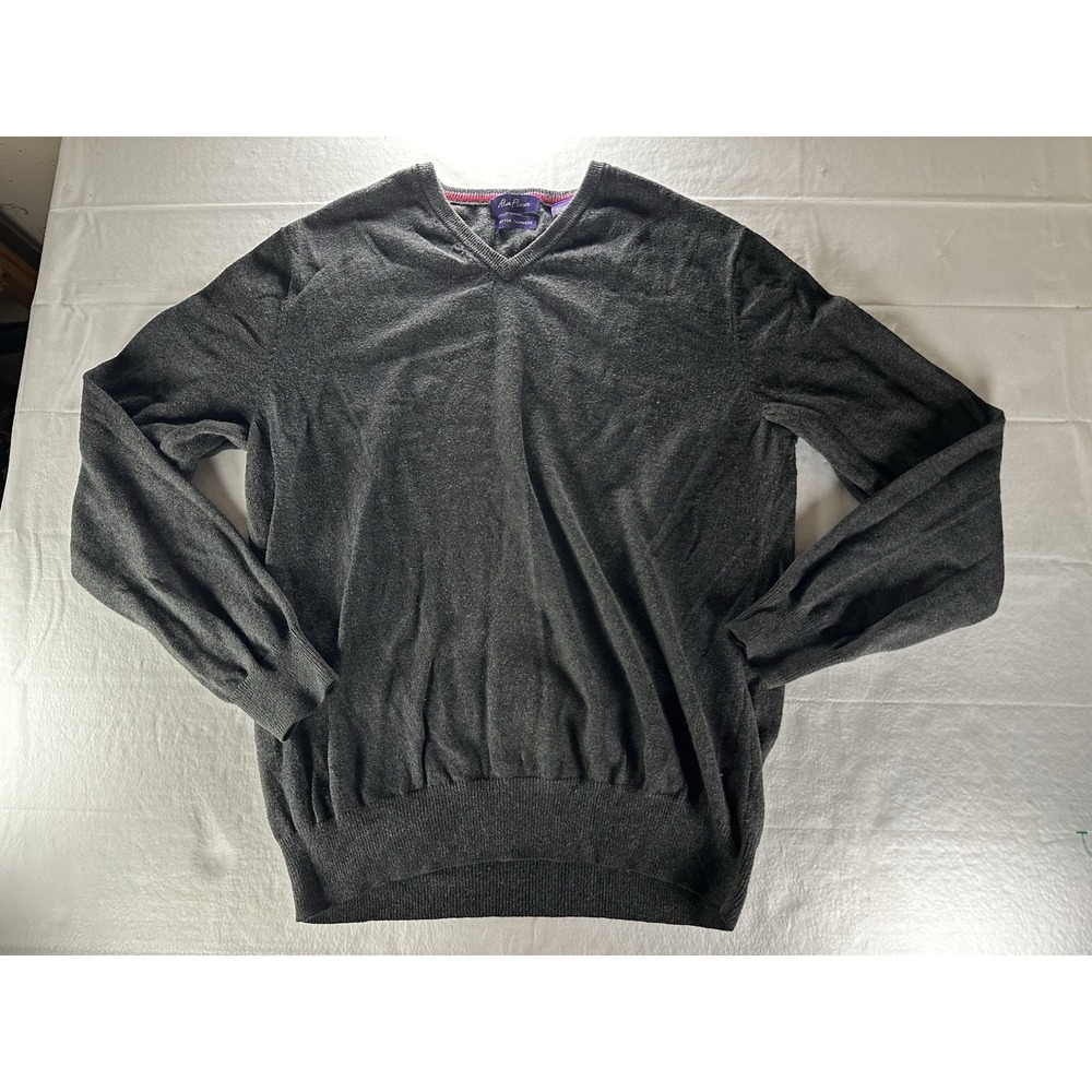 Alan Flusser Sweater Mens Medium Gray Cashmere V-Neck Pullover Office Preppy